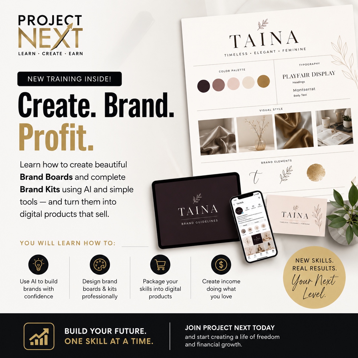 Project Next promotion featuring an AI-powered brand board example
