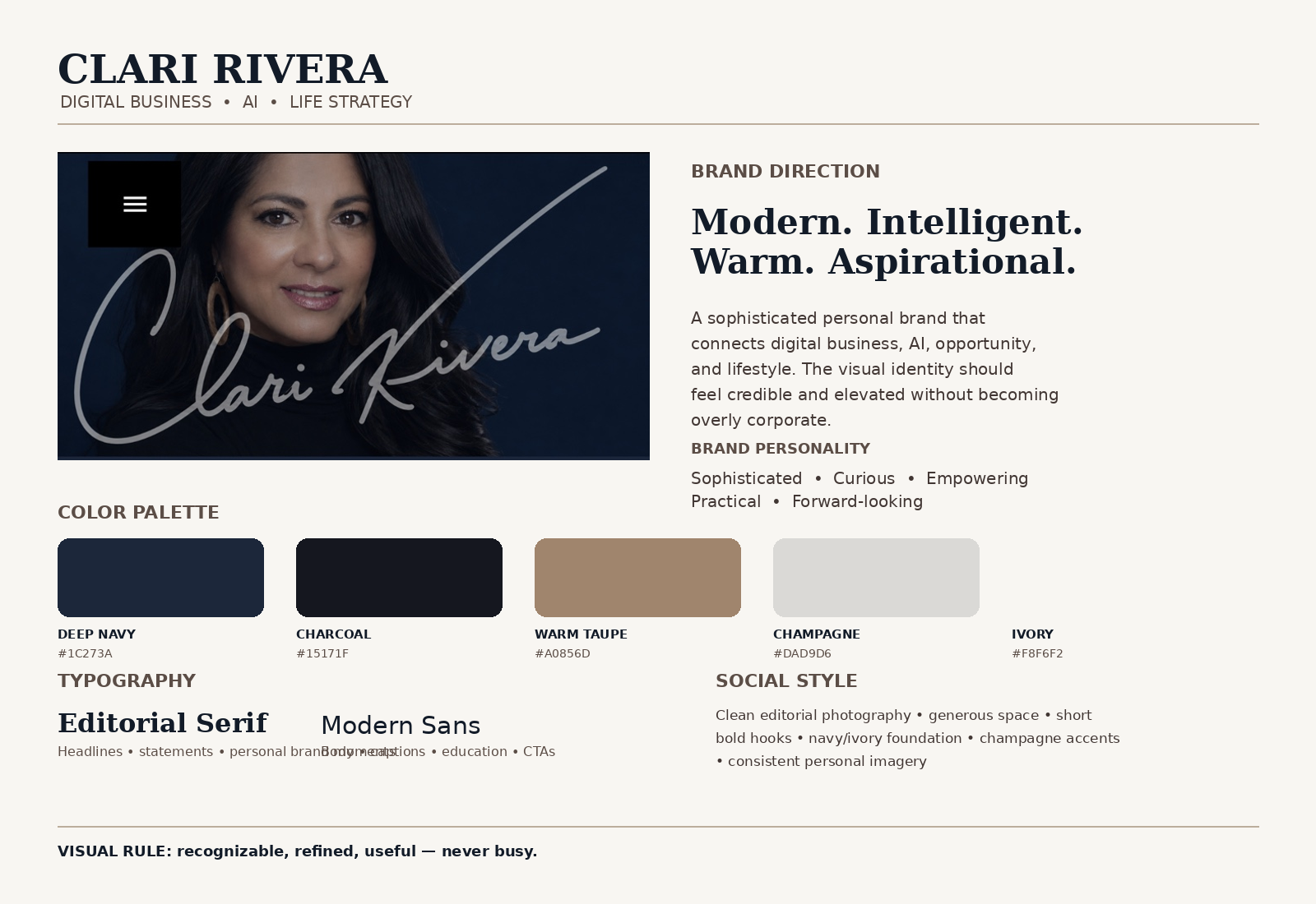 Clari Rivera personal brand board showing navy, charcoal, taupe, champagne and ivory colors
